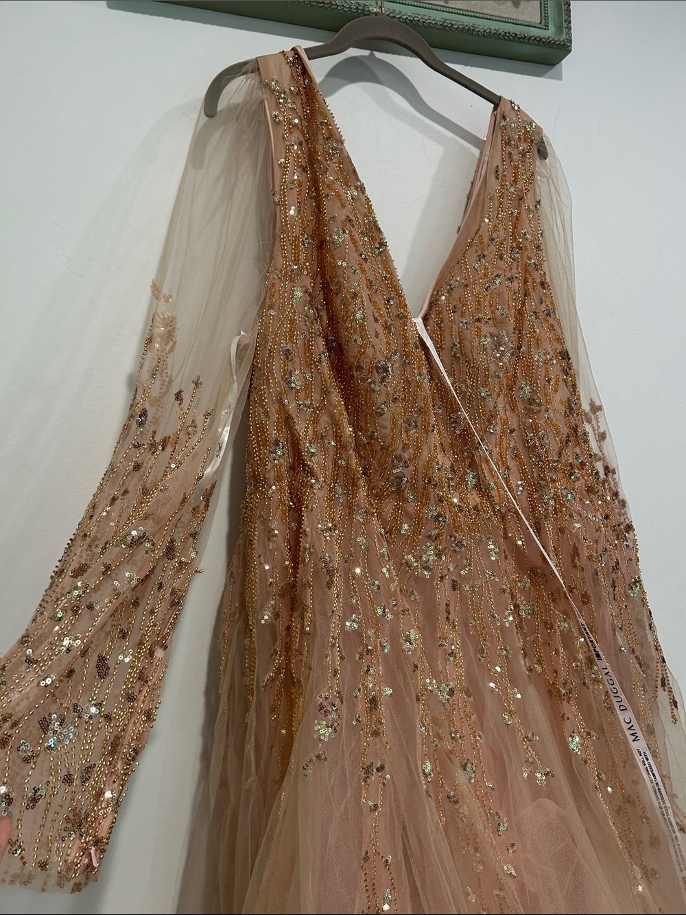 Mac Duggal Blush Champagne Embellished v neck Tulle Maxi Gown plus size 24 new - Picture 4 of 14